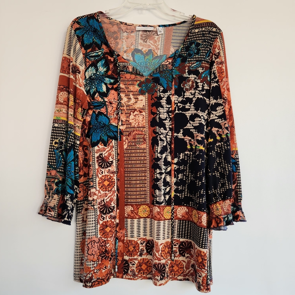 Susan Graver Floral Patchwork Blouse in Black and Brown